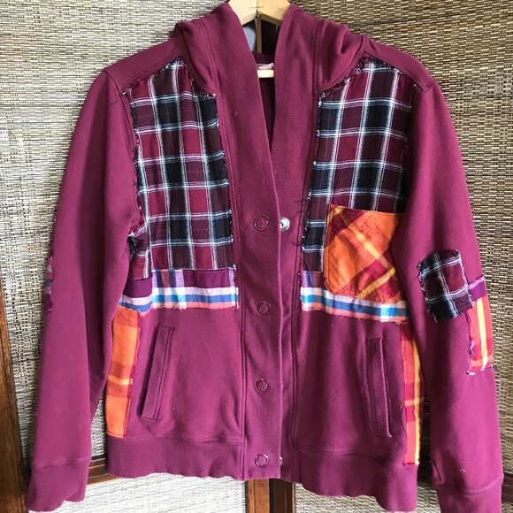 Upcycled Patchwork Hoodie, Size M: Magenta Boho Snap Front Jacket, Campus Grunge - Picture 14 of 17